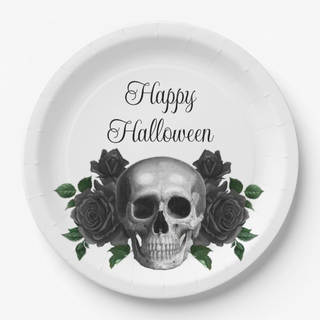 Assiettes En Carton Gothic Black Floral Skull Halloween (Devant)