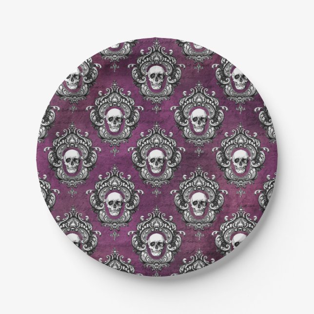 Assiettes En Carton Gothique du crâne et du violet (Devant)