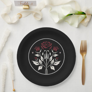 Assiettes En Carton Gothique Skeleton Rib Roses Noir Elégant Mariage