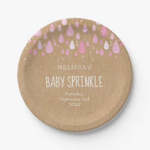 Assiettes En Carton Gouttes de pluie rose bébé kraft rustique pour bab