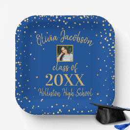 Assiettes En Carton Grad Photo, Gold Confetti, Blue Graduation Party