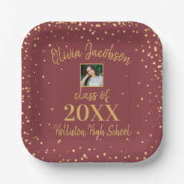 Assiettes En Carton Grad Photo Gold Confetti Burgundy Graduation Party