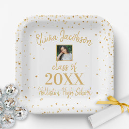 Assiettes En Carton Grad Photo Gold Confetti Graduation Party Blanc