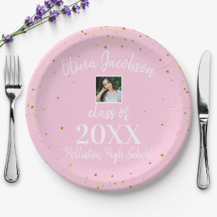 Assiettes En Carton Grad Photo Gold Confetti Pink Graduation Party