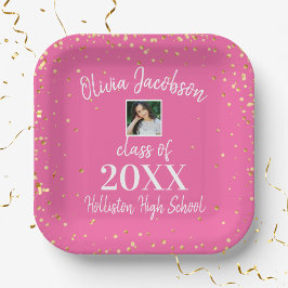 Assiettes En Carton Grad Photo, Gold Confetti, Pink Graduation Party