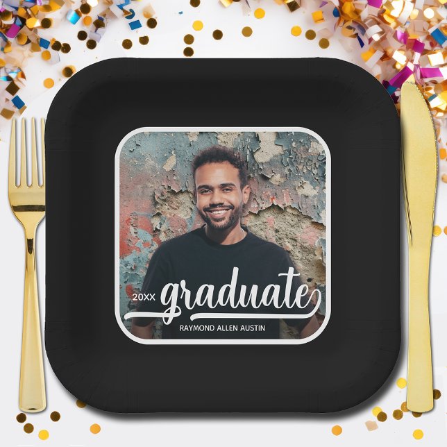 Assiettes En Carton Graduate Photo Bold Script Graduation Party Noir (Photo Bold Script Graduation Party Black Square Paper Plates)