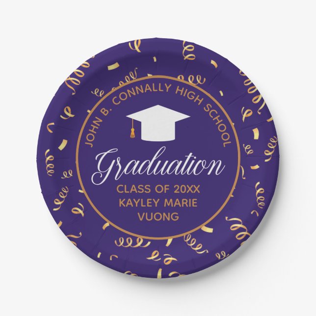 Assiettes En Carton Graduation 2023 Purple Gold Custom Streamers Party (Devant)
