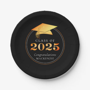 Assiettes En Carton Graduation 2025 Faux Metallic Black Gold