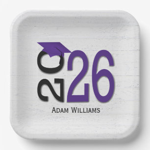 Assiettes En Carton Graduation 2025 violet et noir sur bois