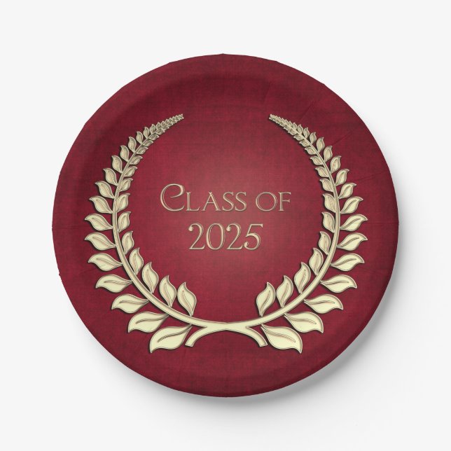 Assiettes En Carton Graduation 2025Gold Laurel Wreath sur Red (Devant)