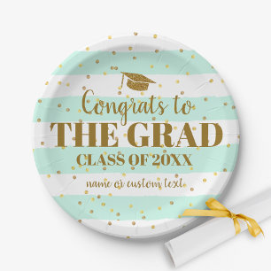 Assiettes En Carton Graduation Congrats Grad Gold Glitter Stripes