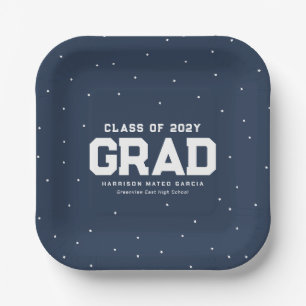Assiettes En Carton Graduation fête marine bleu gris nom année
