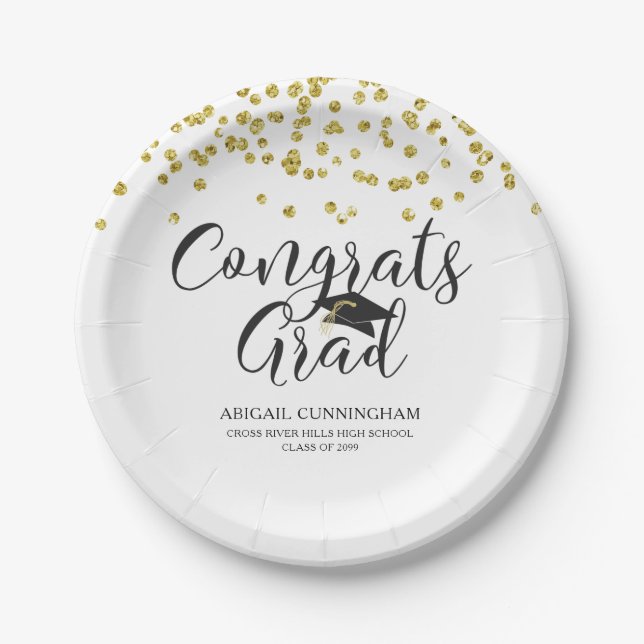 Assiettes En Carton Graduation Gold Confetti GRATS GRAD Personnaliser (Devant)