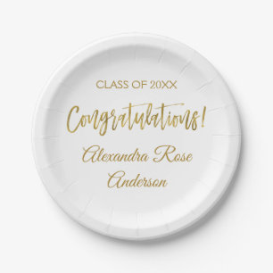 Assiettes En Carton Graduation Gold Foil et White Félicitations