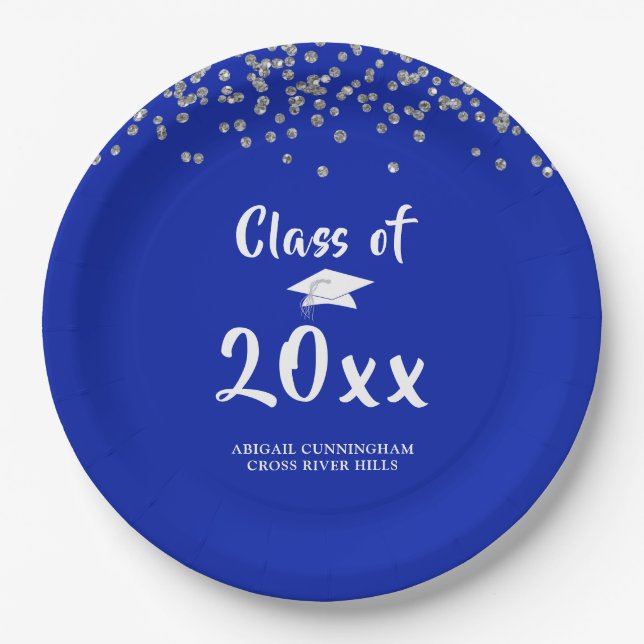 Assiettes En Carton Graduation Party Classe Royal Blue Silver Confetti (Devant)