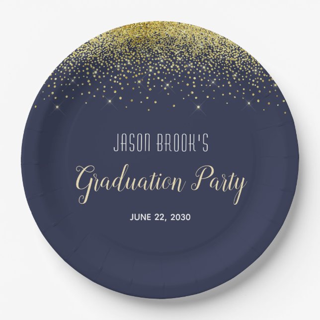 Assiettes En Carton Graduation Party Platinum Gold Confetti Black Inv (Devant)