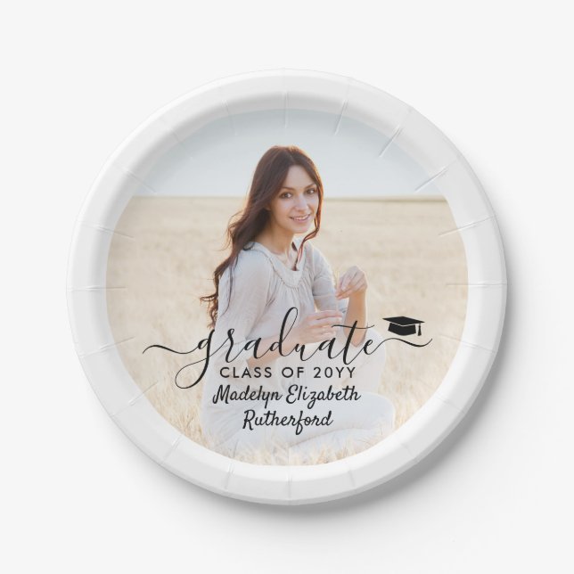 Assiettes En Carton Graduation Photo & Elegant Black Script Classe Ann (Devant)