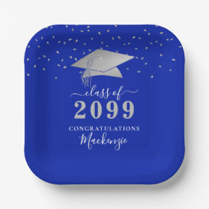 Assiettes En Carton Graduation Royal Blue Silver Confetti Script