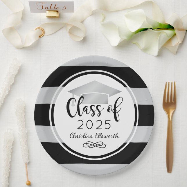 Assiettes En Carton Graduation sur mesure moderne Silver Black Stripes (Mariage)