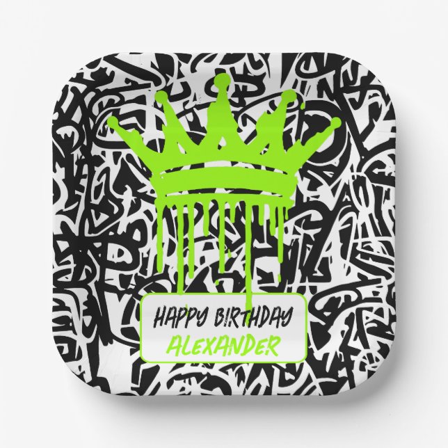 Assiettes En Carton Graffiti Couronne noir vert heureux anniversaire (Recto)
