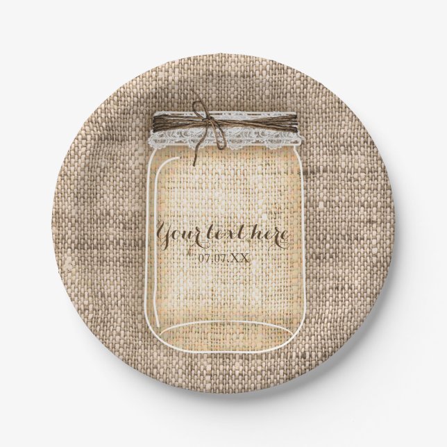 Assiettes En Carton Grand pot Mason avec Burlap & Dentelle Mariage rus (Devant)