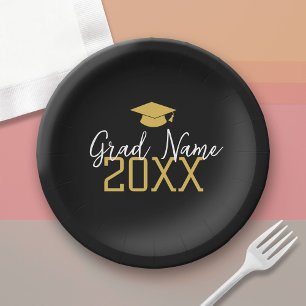 Assiettes En Carton Grande Année - Nom et Casquette - Diplômé Or Noir
