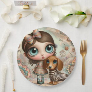 Assiettes En Carton Grande fille primitive avec chien