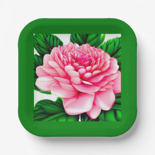 Assiettes En Carton Grande pivoine rose avec Feuilles vert émeraude