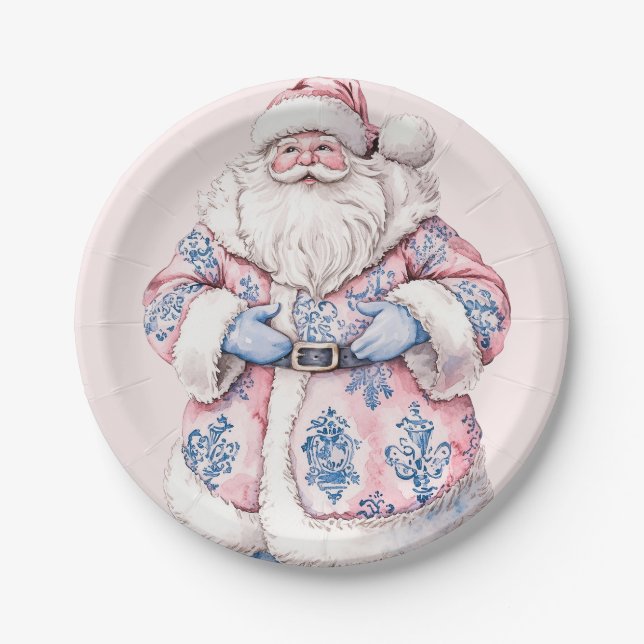 Assiettes En Carton Grandmillennial Pink & Blue Damask Père Noël (Devant)