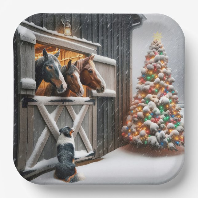 Assiettes En Carton Grange de Noël avec chien berger australien (Recto)