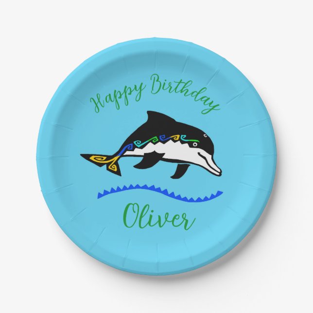 Assiettes En Carton Graphique cool - DOLPHIN - Joyeux anniversaire - B (Devant)