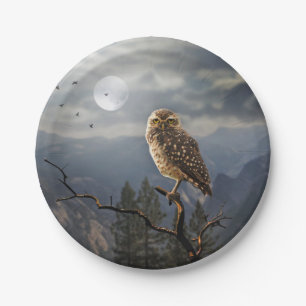Assiettes En Carton Graphique de la lune d'hibou éffrayant