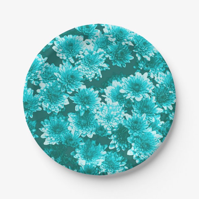 Assiettes En Carton Graphisme moderne Dahlia Motif, Turquoise et Aqua (Devant)