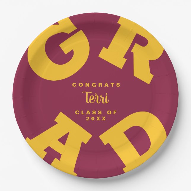 Assiettes En Carton Gras GRAD Gold sur Maroon Gradualisation personnal (Devant)