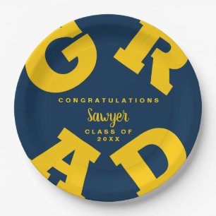 Assiettes En Carton Gras GRAD Jaune sur Bleu Graduation