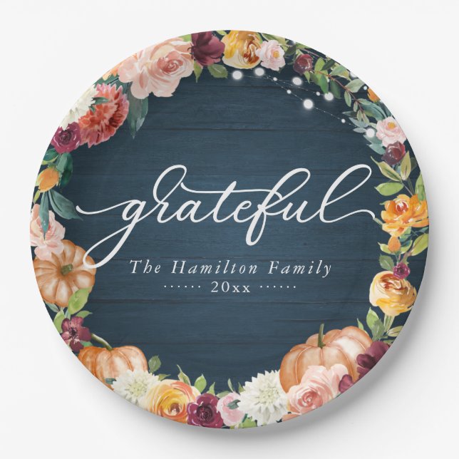 Assiettes En Carton Grateful Rustic Autumn Flowers Thanksgiving Dîner (Devant)