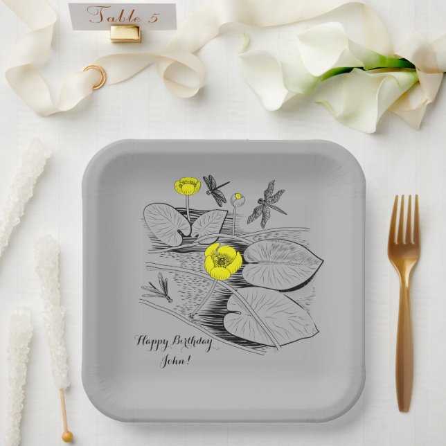 Assiettes En Carton Gravure de nénuphars (Mariage)