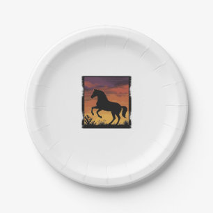 Assiettes En Carton Gravure occidentale silhouette de cheval au couche