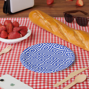 Assiettes En Carton Grec Meander Carré clé H Motif bleu
