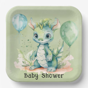 Assiettes En Carton Green Blue Watercolor Dragon Boy Baby shower