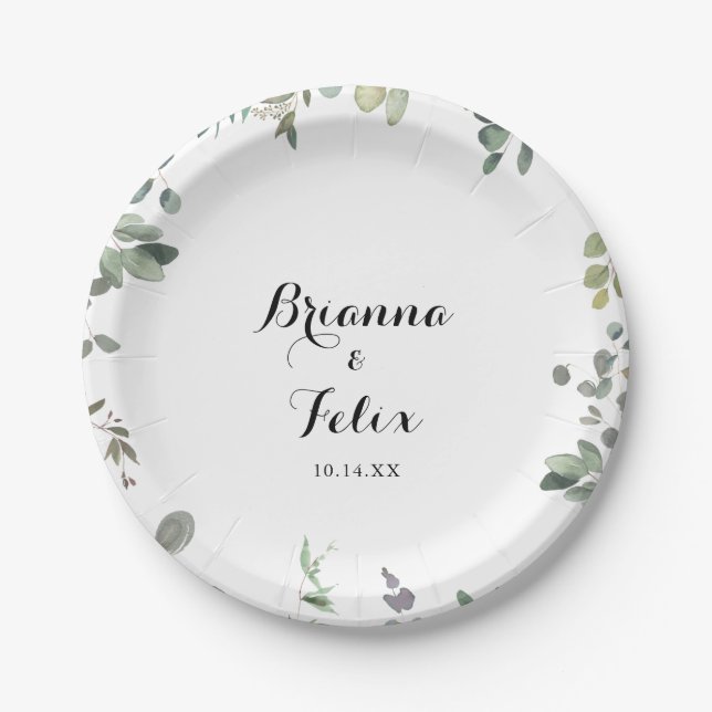Assiettes En Carton Green Eucalyptus Foliage Délice Mariage gâteau (Devant)