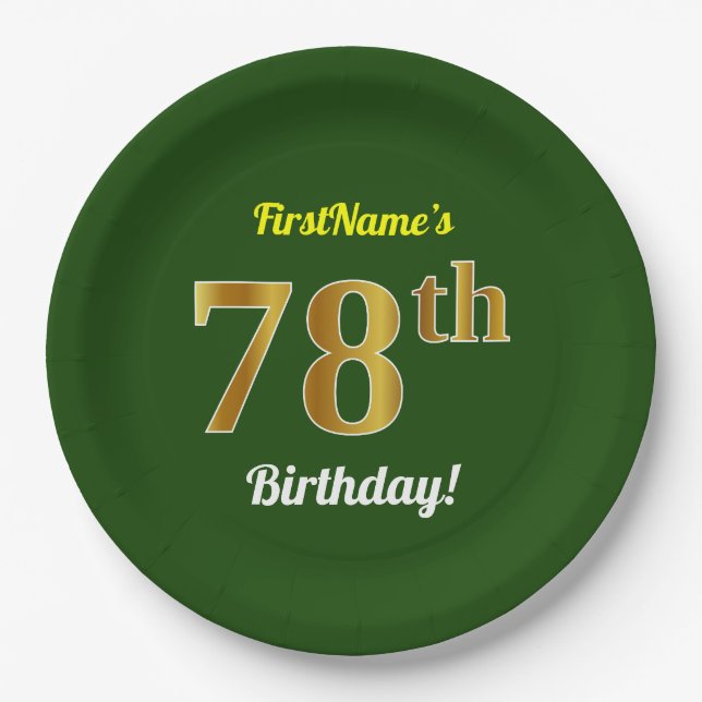 Assiettes En Carton Green, Faux Gold 78e anniversaire + Nom personnali (Devant)