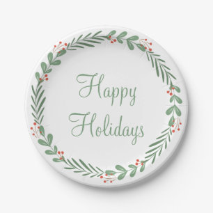 Assiettes En Carton Green Happy Holidays Script Wreath Berry Feuilles