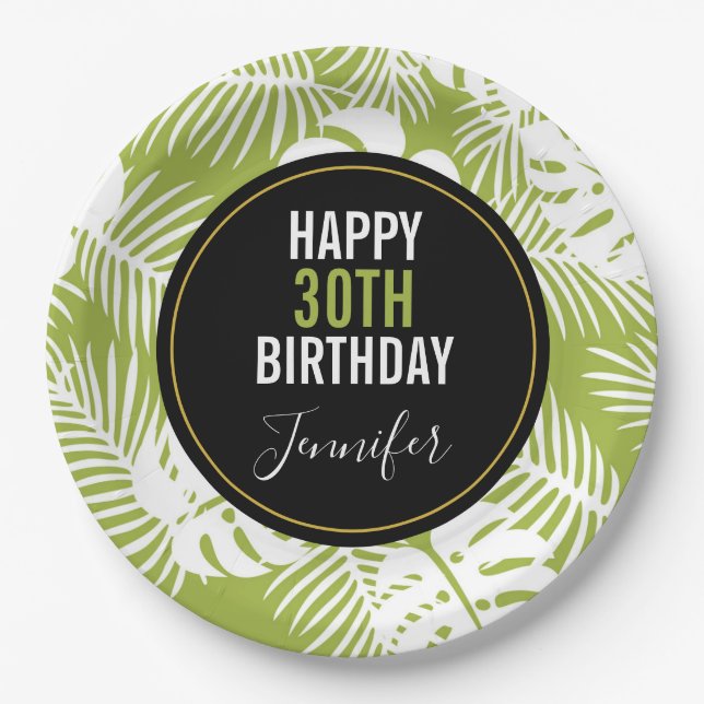 Assiettes En Carton Green Palm Feuille Rainforest Motif Anniversaire (Devant)