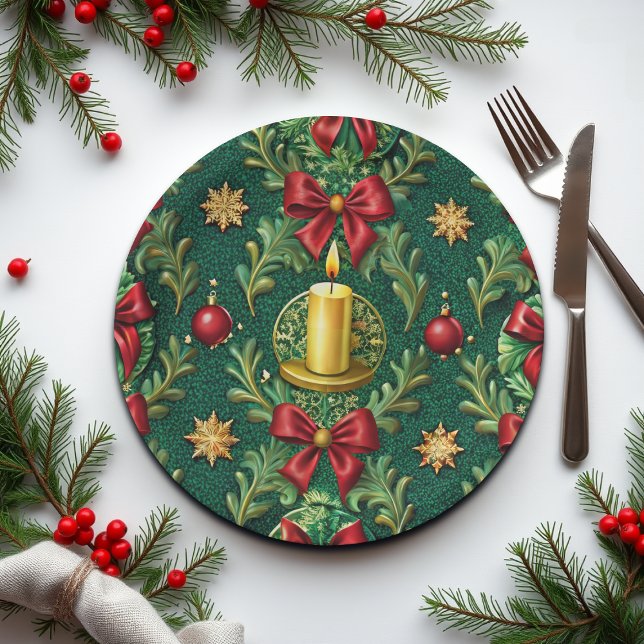 Assiettes En Carton Green Pattern Gold Candle Poinsettia Flower (Créateur téléchargé)