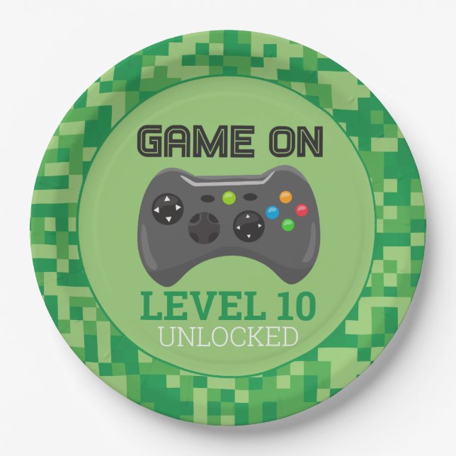 Assiettes En Carton Green Pixelellelevel up Video Game Anniversaire (Devant)