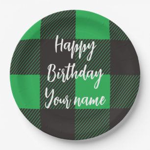 Assiettes En Carton Green Plaid Joyeux anniversaire