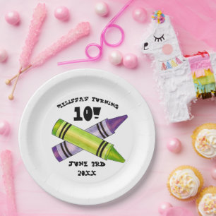 Assiettes En Carton Green Purple Artist Crayons Enfant fête d'annivers