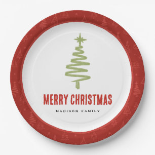 Assiettes En Carton Green & Red Minimal Noël Arbre Famille Vacances