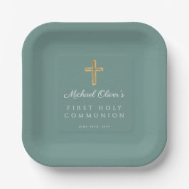 Assiettes En Carton Green Religious Cross Boy First Communion